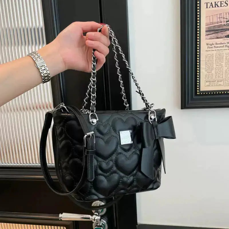 Heart Quilted Bow Chain Shoulder & Crossbody Bag SparkelsSparkels