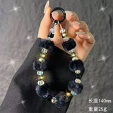 Cute Plush Pom-Pom & Iridescent Crystal Bead Phone Charm Keychain Wristlet