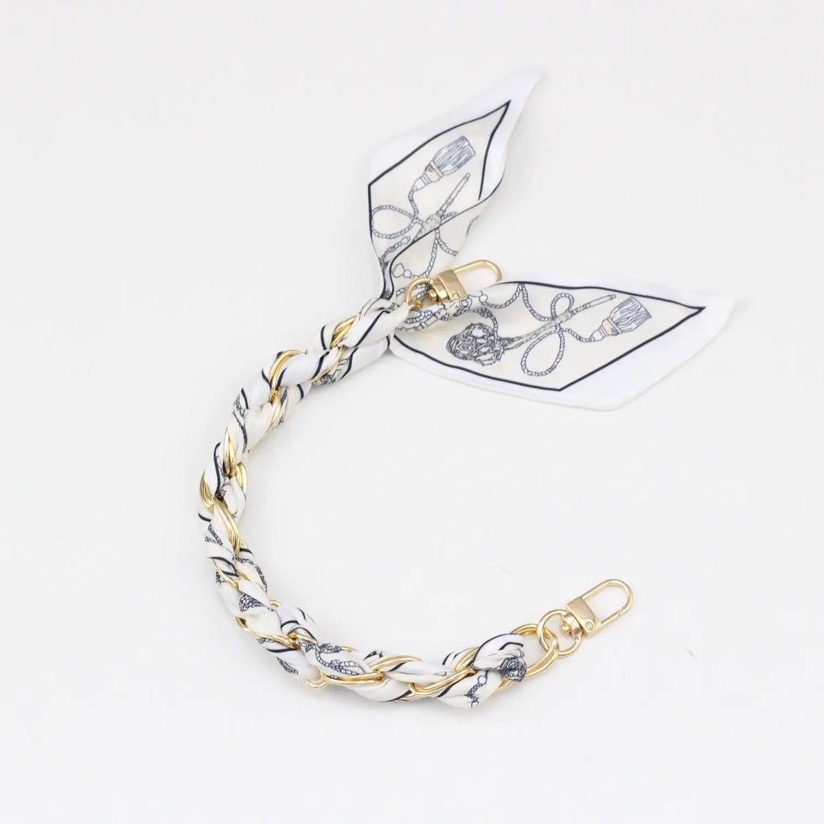 Silk Scarf & Gold Chain Phone Lanyard Wristlet Elegant Bow Ribbon Keyring & Bag Charm (Random Design)