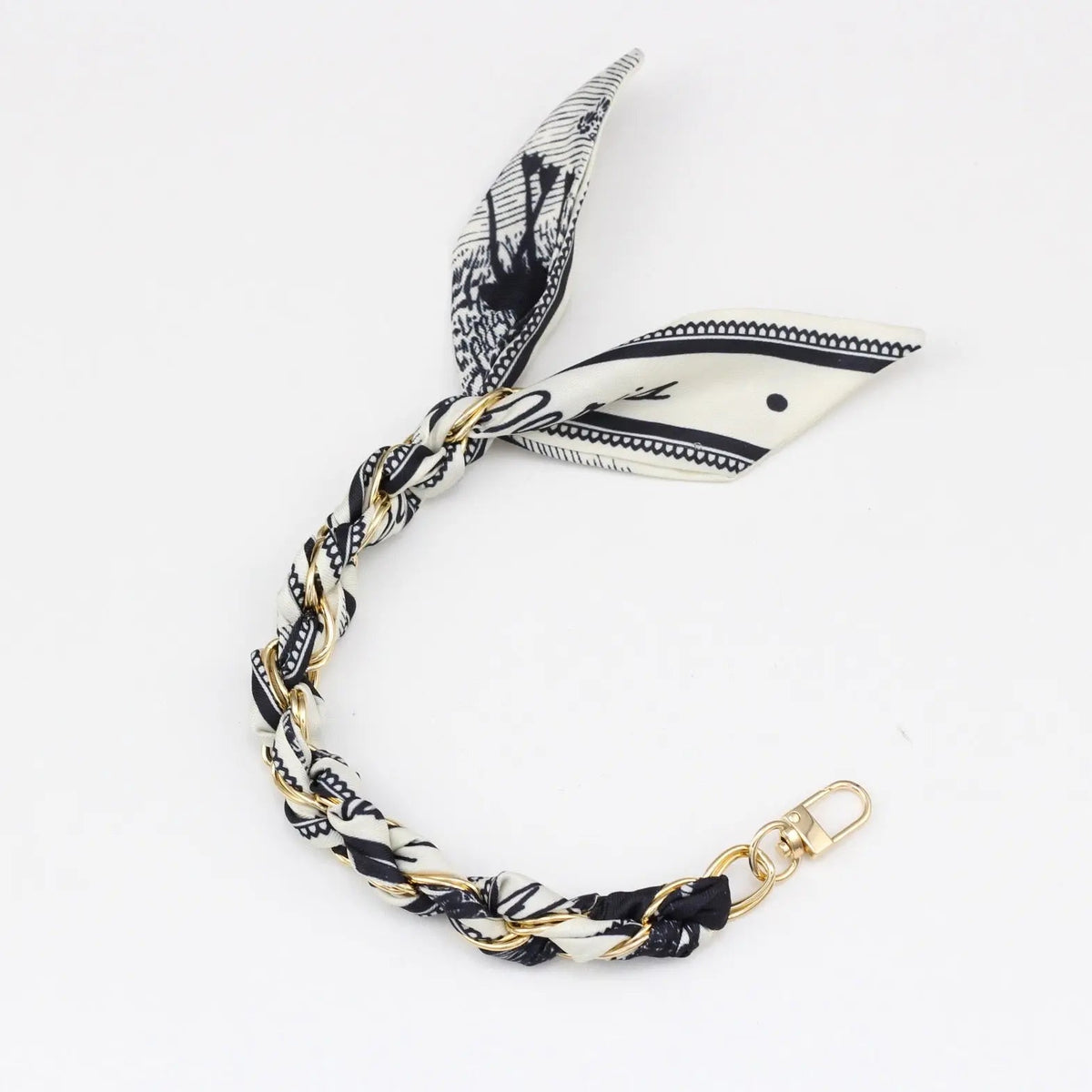 Silk Scarf & Gold Chain Phone Lanyard Wristlet Elegant Bow Ribbon Keyring & Bag Charm (Random Design)