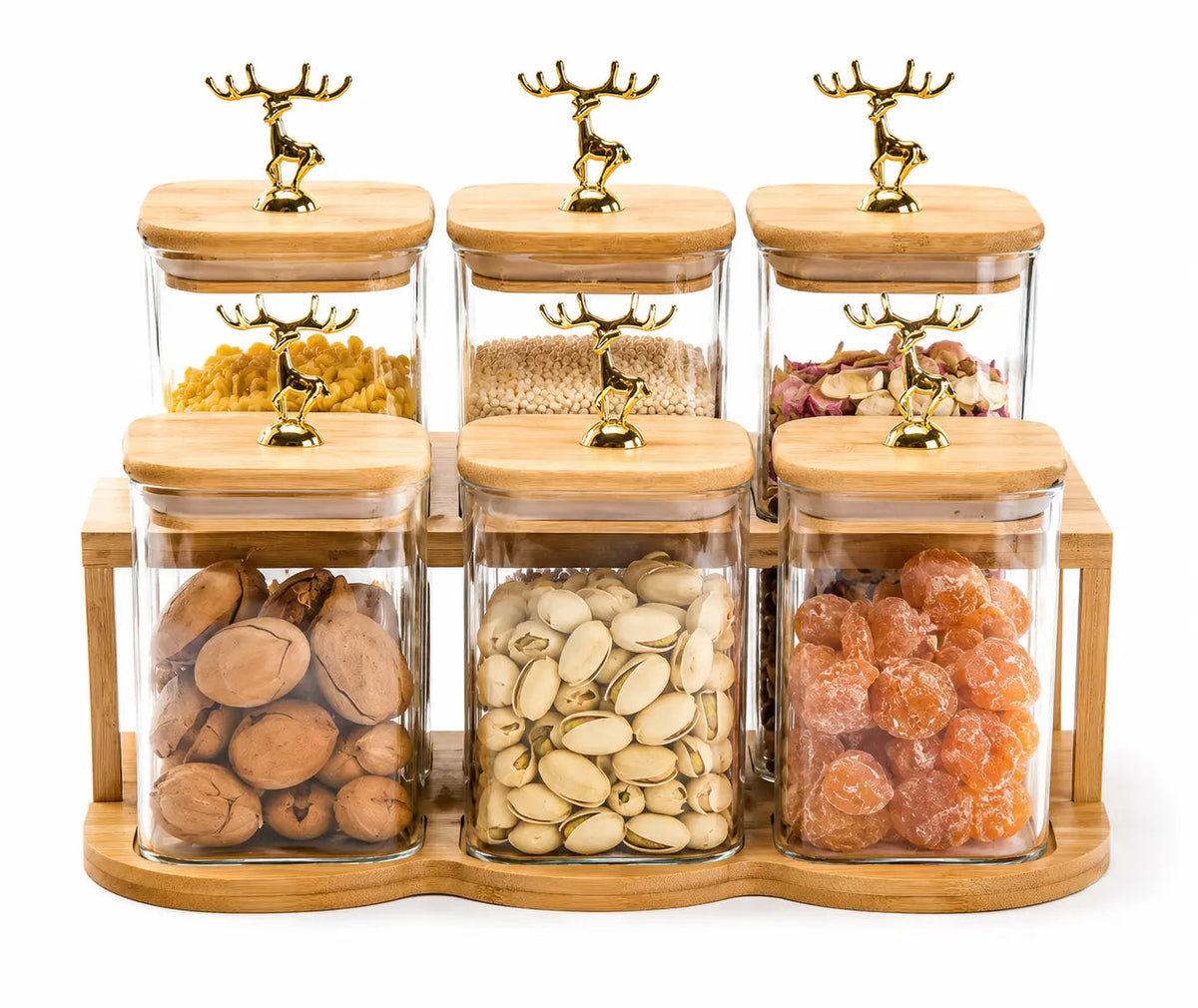 6-Piece Square Glass Storage Jar Set with Bamboo Rack & Golden Deer Knobs