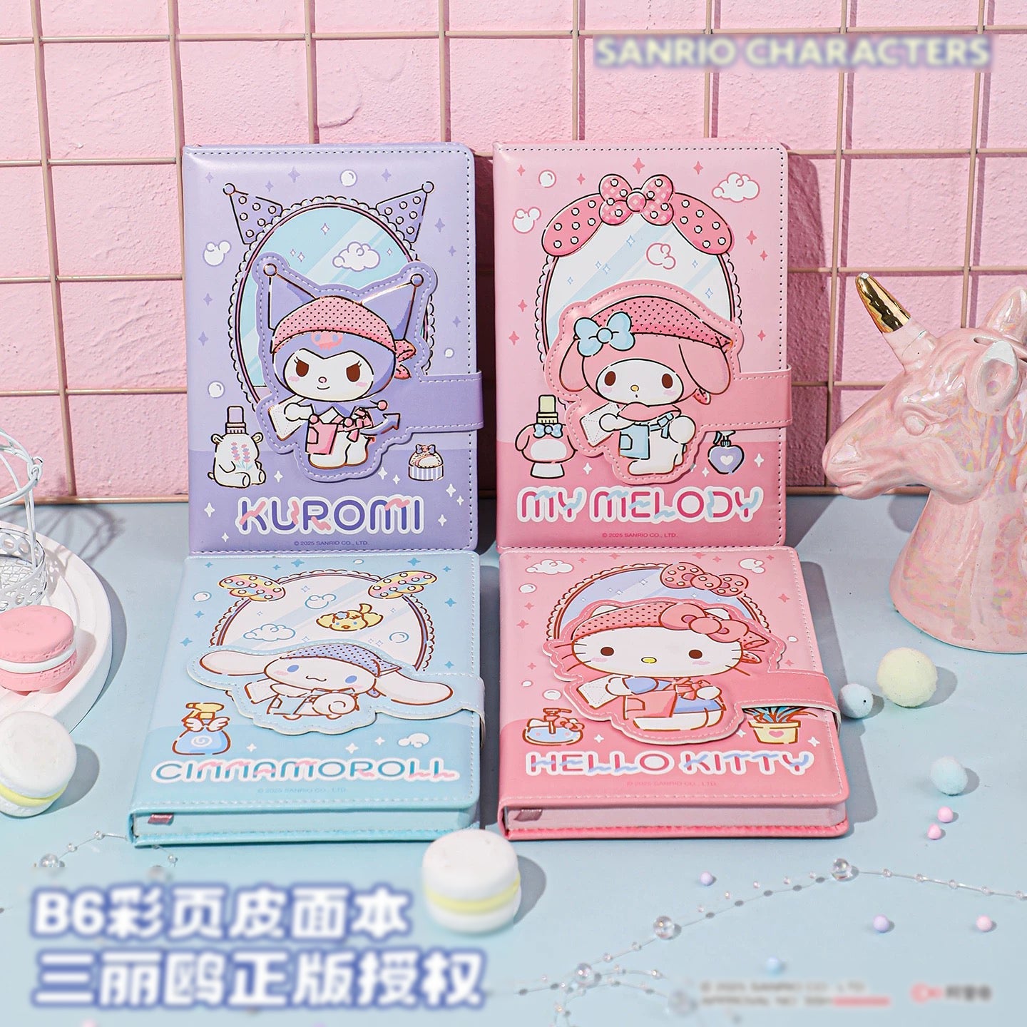 Sanrio B6 PU Leather Notebook Cute Character Journal with Lock Strap & Color Pages
