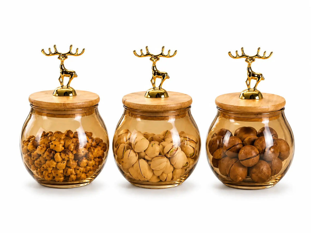 3-Piece Amber Glass Dry Fruit Jar Set with Bamboo Lids & Golden Deer Handles