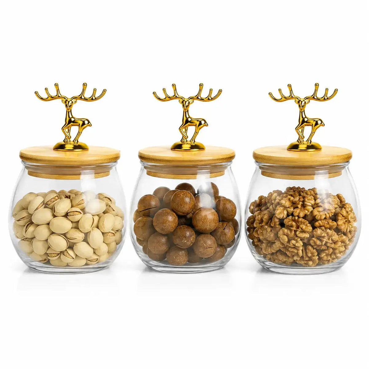 3-Piece Glass Dry Fruit Storage Jar Set with Bamboo Lids & Golden Deer Handles SparkelsSparkels