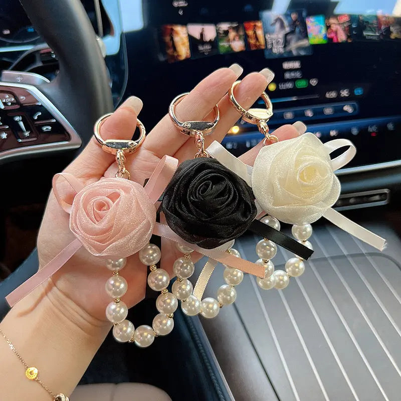 Pearl Rose Keychain Bracelet Elegant Ribbon Flower Charm Bag & Car Key Holder SparkelsSparkels