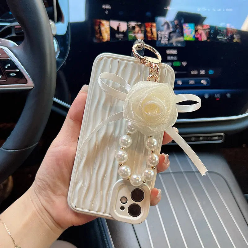 Pearl Rose Keychain Bracelet Elegant Ribbon Flower Charm Bag & Car Key Holder SparkelsSparkels