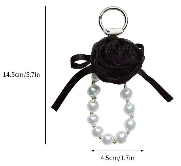 Pearl Rose Keychain Bracelet Elegant Ribbon Flower Charm Bag & Car Key Holder SparkelsSparkels