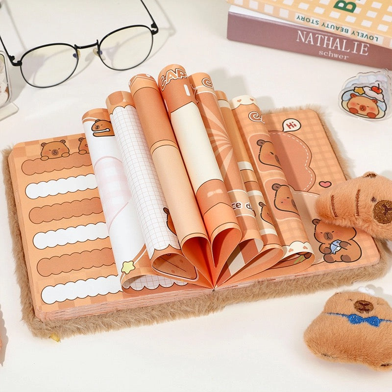 Capybara Plush Notebook Set Cute Furry Journal with Removable Plush Charms