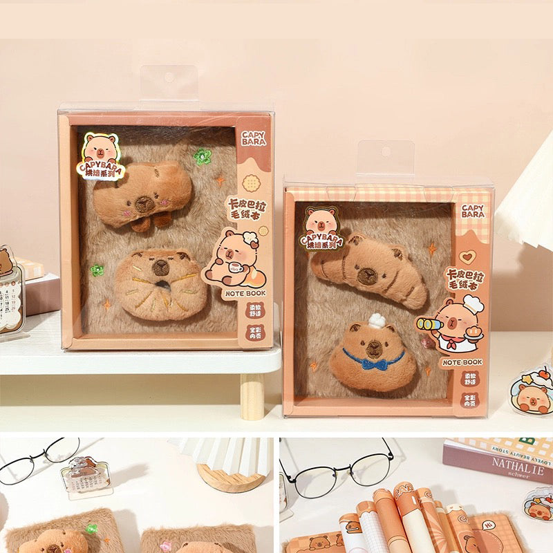 Capybara Plush Notebook Set Cute Furry Journal with Removable Plush Charms
