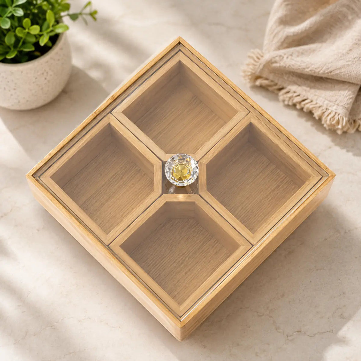 Square Bamboo Dry Fruit & Snack Serving Box with 4 Compartments & Lid