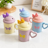 Cute Bow Ceramic Mug with Heart Handle, Lid & Spoon
