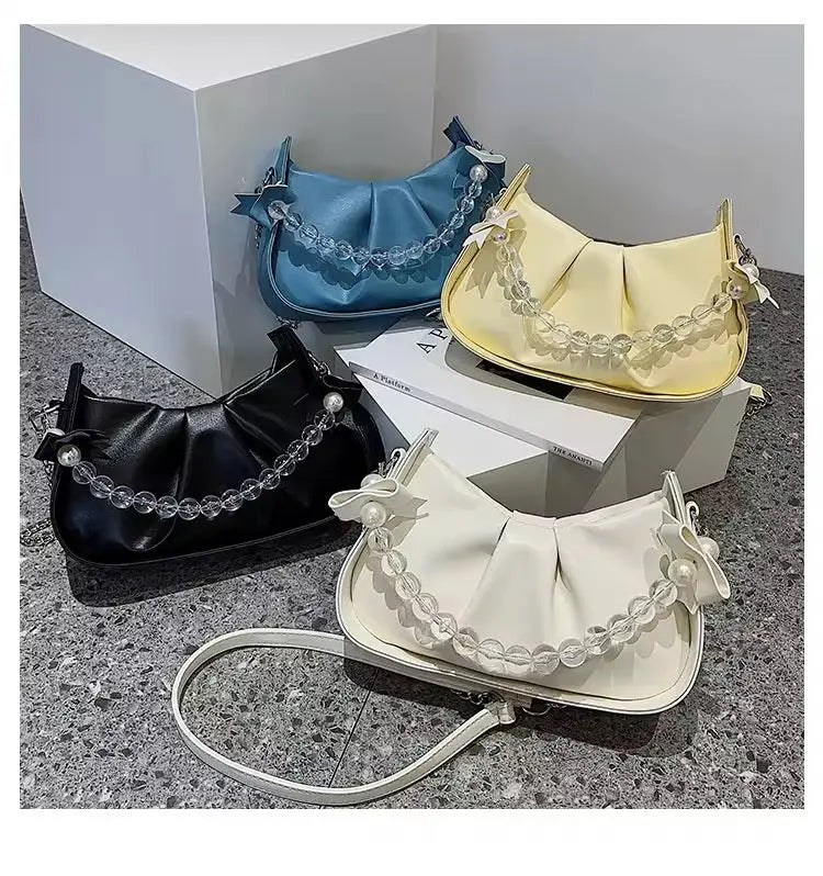Trendy Pearl Strap Shoulder Bag for Women Cute Mini PU Leather Crossbody Handbag with Bow Charm SparkelsSparkels