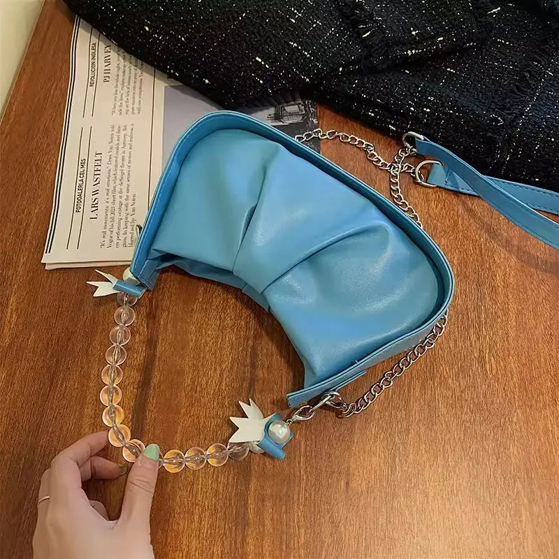 Trendy Pearl Strap Shoulder Bag for Women Cute Mini PU Leather Crossbody Handbag with Bow Charm SparkelsSparkels