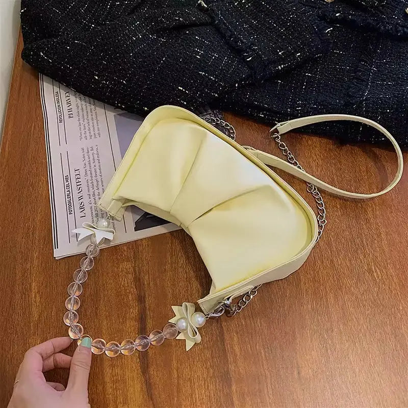 Trendy Pearl Strap Shoulder Bag for Women Cute Mini PU Leather Crossbody Handbag with Bow Charm SparkelsSparkels