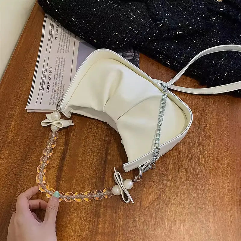 Trendy Pearl Strap Shoulder Bag for Women Cute Mini PU Leather Crossbody Handbag with Bow Charm SparkelsSparkels