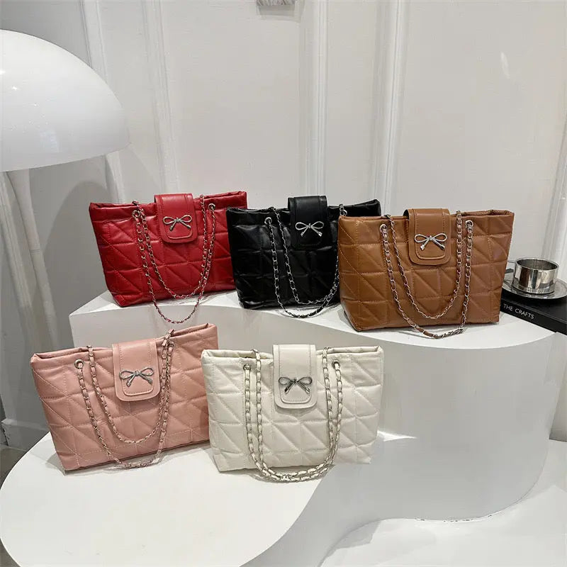 Elegant Quilted Bow Chain Tote Bag for Women Stylish Shoulder Handbag & Casual Carry Purse SparkelsSparkels
