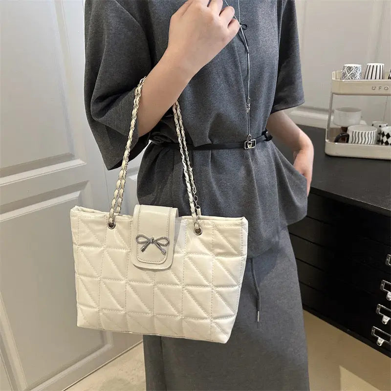 Elegant Quilted Bow Chain Tote Bag for Women Stylish Shoulder Handbag & Casual Carry Purse SparkelsSparkels