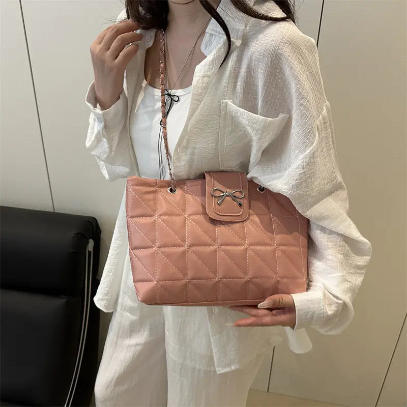 Elegant Quilted Bow Chain Tote Bag for Women Stylish Shoulder Handbag & Casual Carry Purse SparkelsSparkels