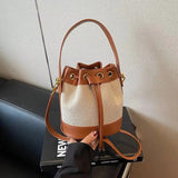 Vintage Canvas & PU Leather Bucket Bag Women’s Drawstring Crossbody Shoulder Handbag SparkelsSparkels