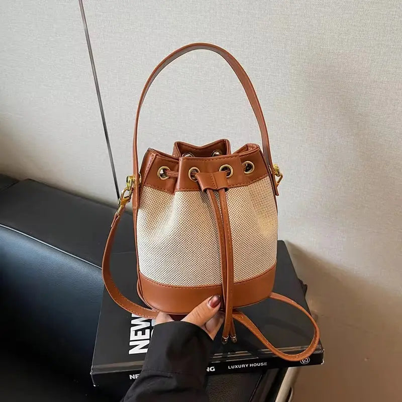 Vintage Canvas & PU Leather Bucket Bag Women’s Drawstring Crossbody Shoulder Handbag SparkelsSparkels