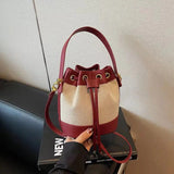 Vintage Canvas & PU Leather Bucket Bag Women’s Drawstring Crossbody Shoulder Handbag SparkelsSparkels