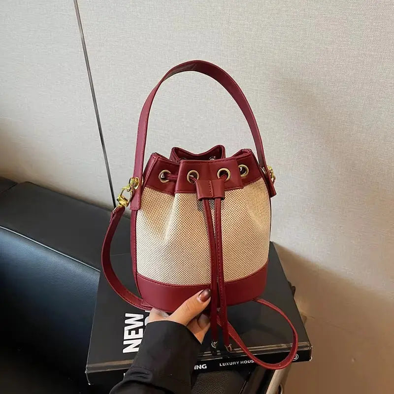 Vintage Canvas & PU Leather Bucket Bag Women’s Drawstring Crossbody Shoulder Handbag SparkelsSparkels