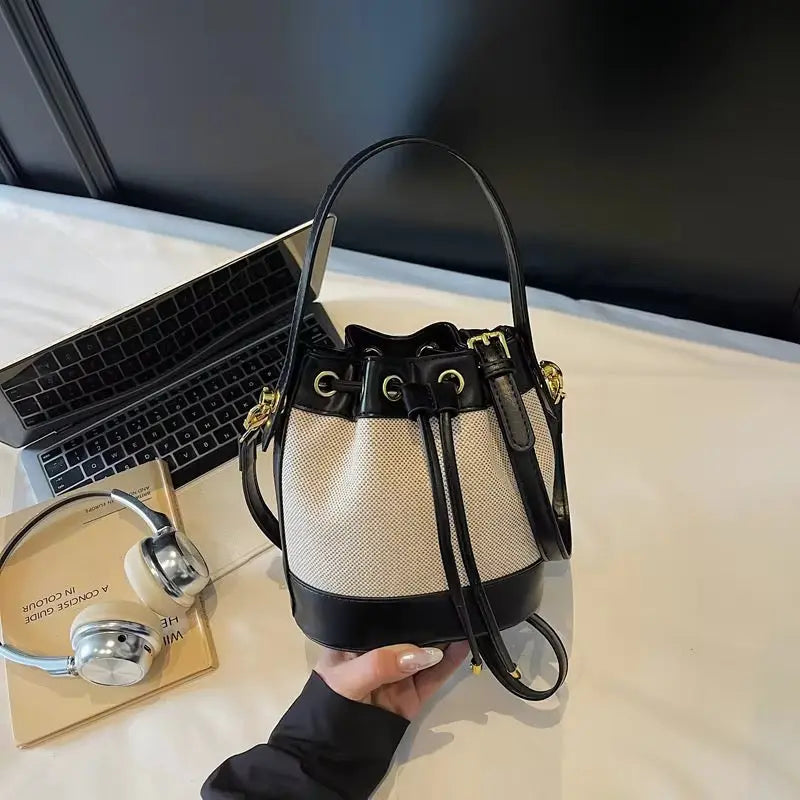 Vintage Canvas & PU Leather Bucket Bag Women’s Drawstring Crossbody Shoulder Handbag SparkelsSparkels