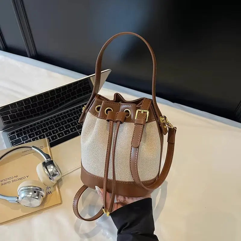 Vintage Canvas & PU Leather Bucket Bag Women’s Drawstring Crossbody Shoulder Handbag SparkelsSparkels