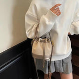 Vintage Canvas & PU Leather Bucket Bag Women’s Drawstring Crossbody Shoulder Handbag SparkelsSparkels