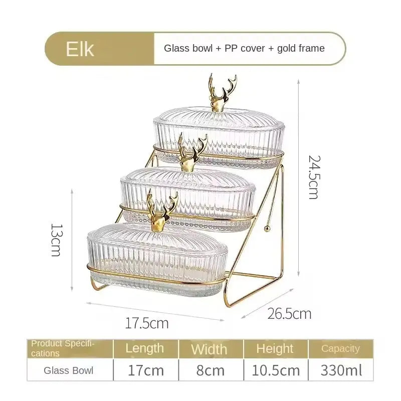 Luxury 3 Tier Glass Snack Storage Box with Golden Deer Lid Nordic Dessert Display & Candy Organizer Tray SparkelsSparkels