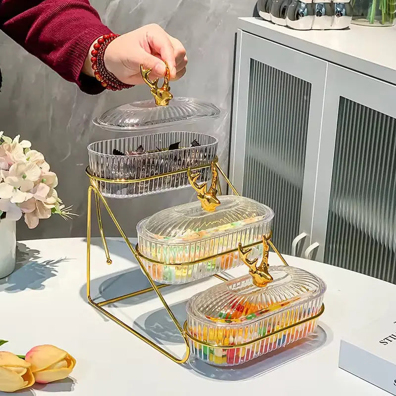 Luxury 3 Tier Glass Snack Storage Box with Golden Deer Lid Nordic Dessert Display & Candy Organizer Tray SparkelsSparkels