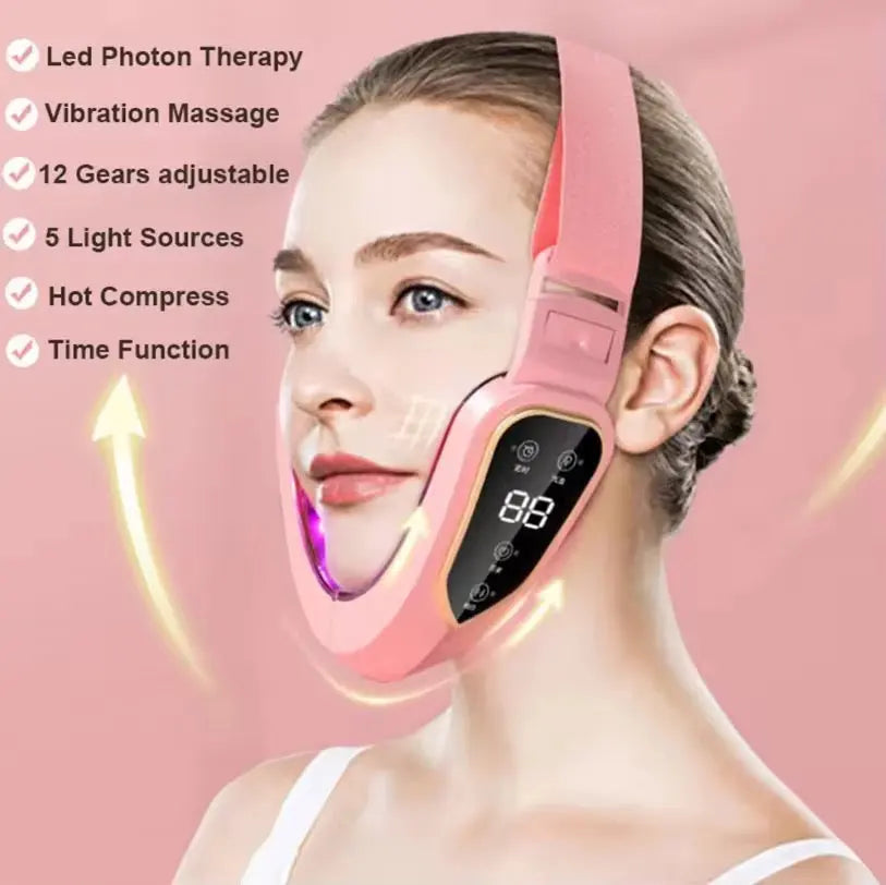 LED Photon Therapy Face Lifting Belt V-Shape Jawline Tightening, 12 Gear Vibration Massage & Hot Compress SparkelsSparkels