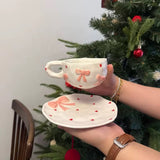 Cute Pink Bow Ceramic Cup & Saucer Set 230ml Heart Aesthetic Coffee & Tea Cup SparkelsSparkels