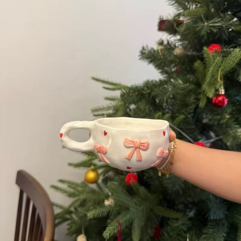 Cute Pink Bow Ceramic Cup & Saucer Set 230ml Heart Aesthetic Coffee & Tea Cup SparkelsSparkels