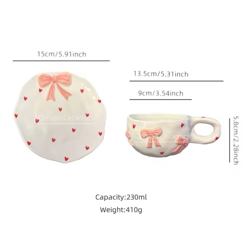 Cute Pink Bow Ceramic Cup & Saucer Set 230ml Heart Aesthetic Coffee & Tea Cup SparkelsSparkels