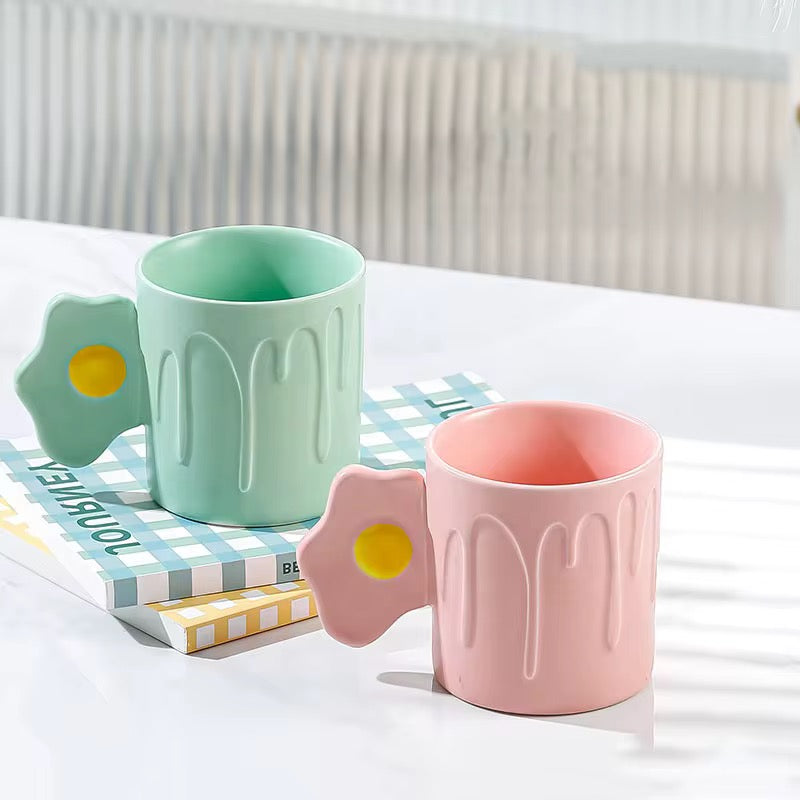 Cute Fried Egg Handle Ceramic Mug Pastel Aesthetic Coffee Cup with Drip Design SparkelsSparkels