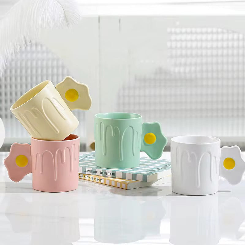 Cute Fried Egg Handle Ceramic Mug Pastel Aesthetic Coffee Cup with Drip Design SparkelsSparkels