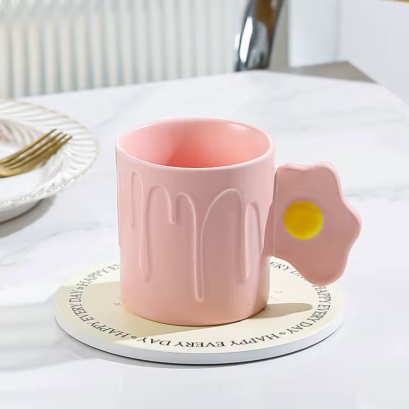 Cute Fried Egg Handle Ceramic Mug Pastel Aesthetic Coffee Cup with Drip Design SparkelsSparkels