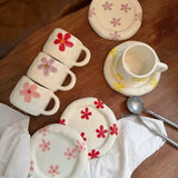 Handmade Floral Ceramic Cup & Saucer Set Cute Aesthetic Coffee & Tea Cup with Daisy Design SparkelsSparkels