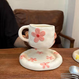 Handmade Floral Ceramic Cup & Saucer Set Cute Aesthetic Coffee & Tea Cup with Daisy Design SparkelsSparkels
