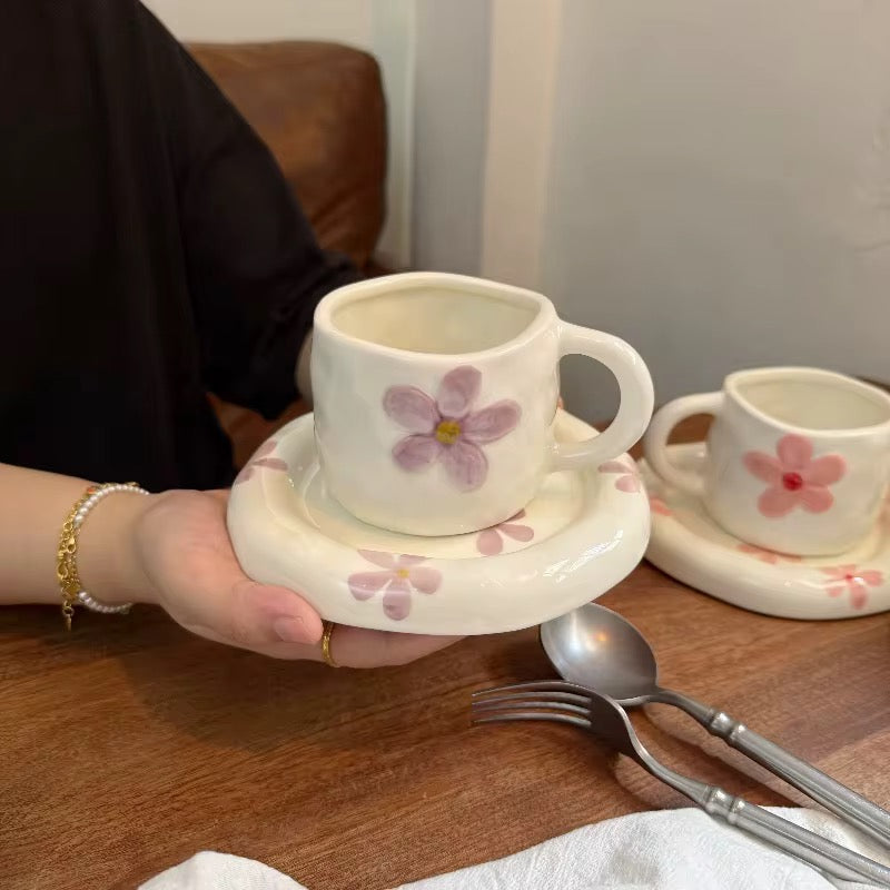 Handmade Floral Ceramic Cup & Saucer Set Cute Aesthetic Coffee & Tea Cup with Daisy Design SparkelsSparkels