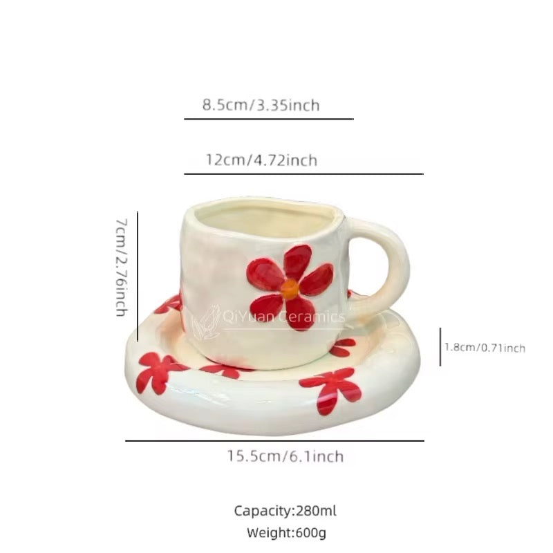 Handmade Floral Ceramic Cup & Saucer Set Cute Aesthetic Coffee & Tea Cup with Daisy Design SparkelsSparkels