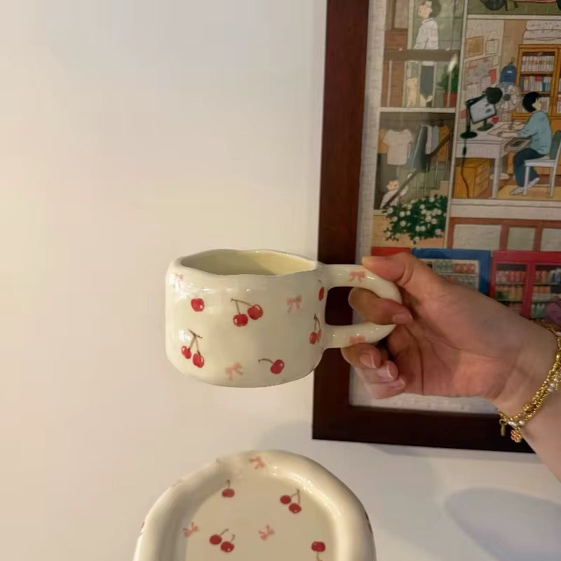 Handmade Cherry Ceramic Cup & Saucer Set 320ml Cute Aesthetic Coffee & Tea Cup SparkelsSparkels