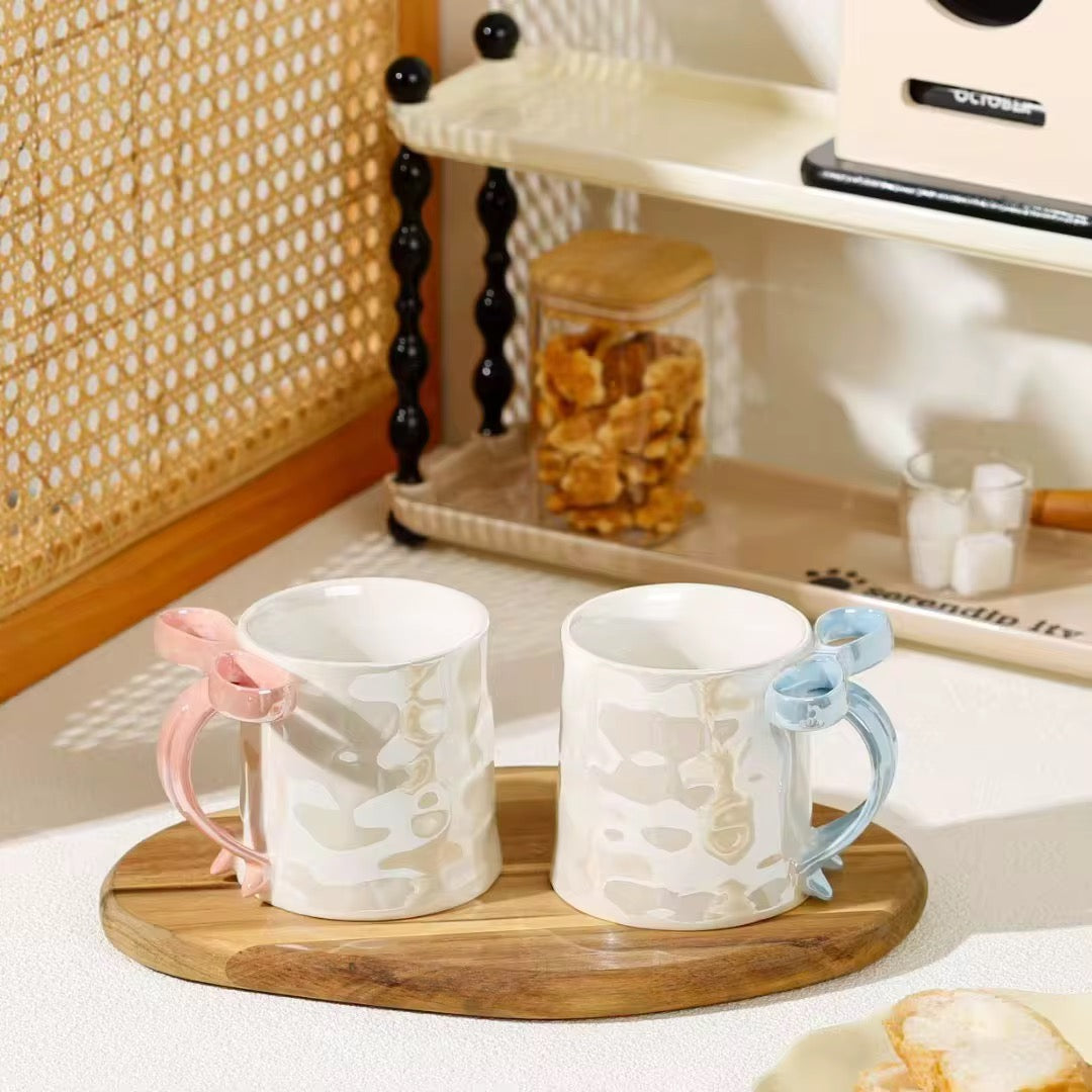 Modern Bow Handle Ceramic Mug 350ml Cute Aesthetic Coffee & Tea Cup with Glossy Ribbon Handle SparkelsSparkels