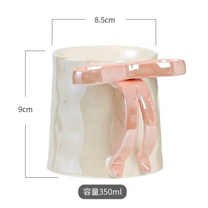Modern Bow Handle Ceramic Mug 350ml Cute Aesthetic Coffee & Tea Cup with Glossy Ribbon Handle SparkelsSparkels
