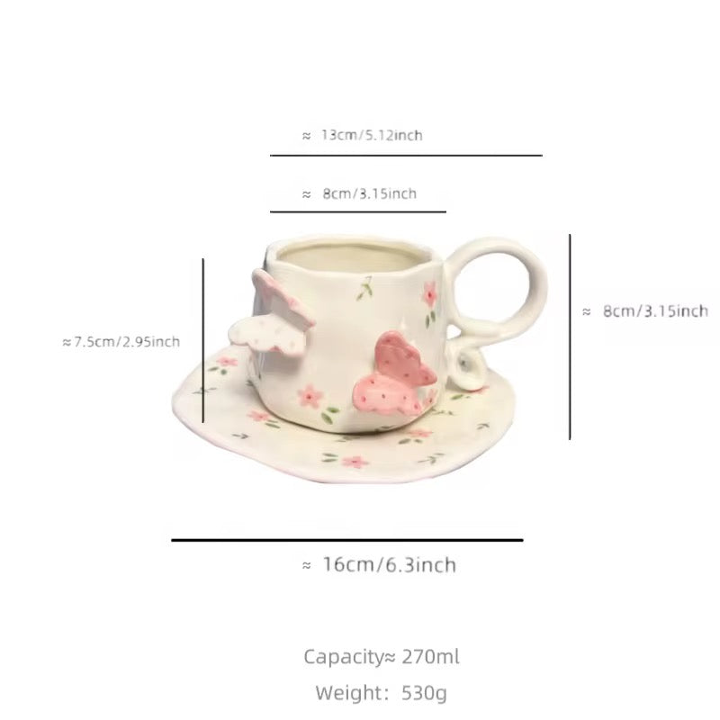 Handmade Butterfly Ceramic Cup & Saucer Set 270ml Cute Floral Aesthetic Coffee & Tea Cup SparkelsSparkels
