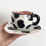 Handmade Polka Dot Ceramic Cup & Saucer Set Modern Black & White Aesthetic Coffee Cup SparkelsSparkels