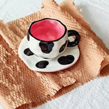 Handmade Polka Dot Ceramic Cup & Saucer Set Modern Black & White Aesthetic Coffee Cup SparkelsSparkels
