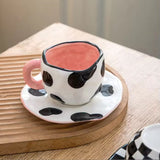 Handmade Polka Dot Ceramic Cup & Saucer Set Modern Black & White Aesthetic Coffee Cup SparkelsSparkels