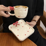Handmade Red Bow Ceramic Mug & Snack Plate Set Cute Polka Dot Aesthetic Coffee Cup SparkelsSparkels